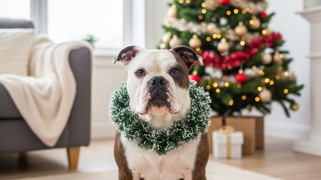 Continental Bulldog celebrating Christmas indoors with festive decorations