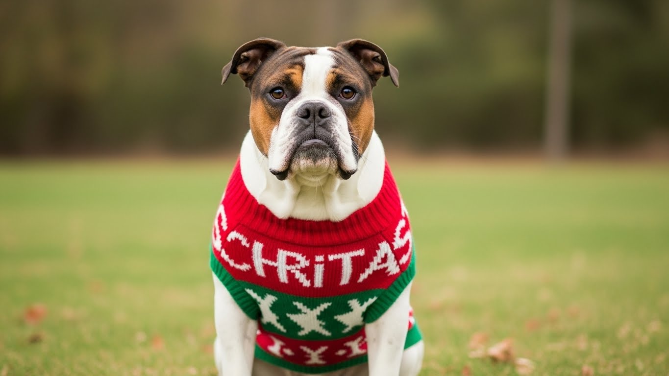Continental Bulldog wearing a Christmas sweater for holiday photos