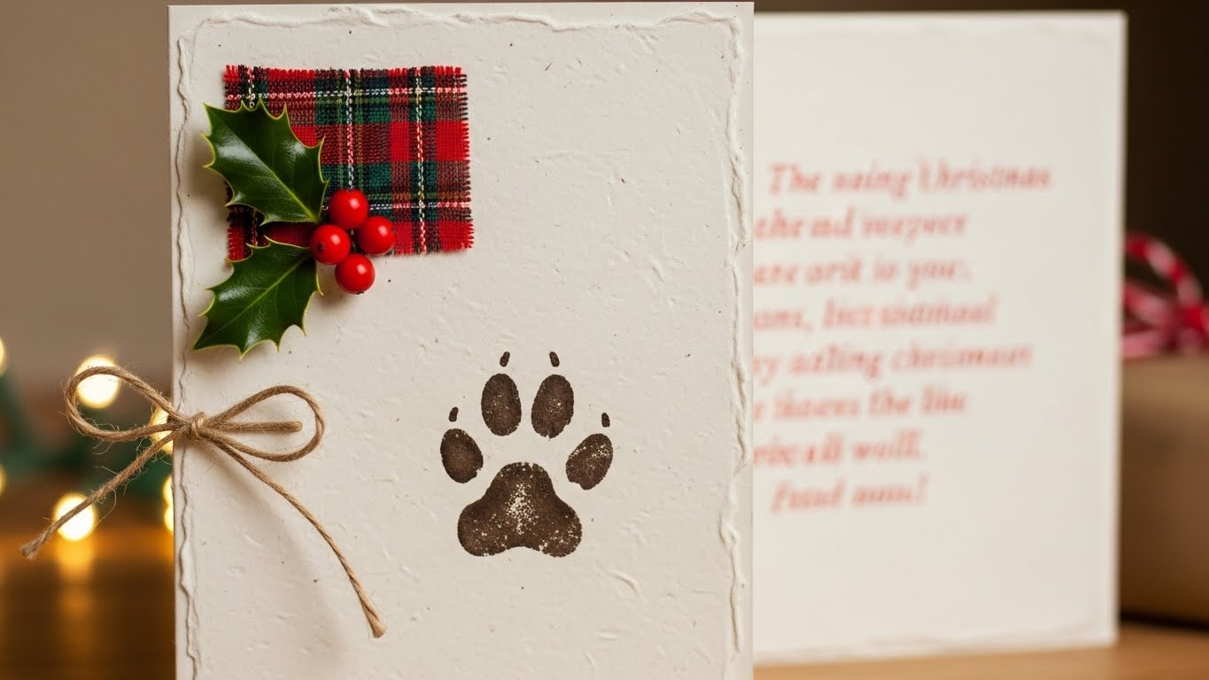 Dog paw print on homemade Christmas card